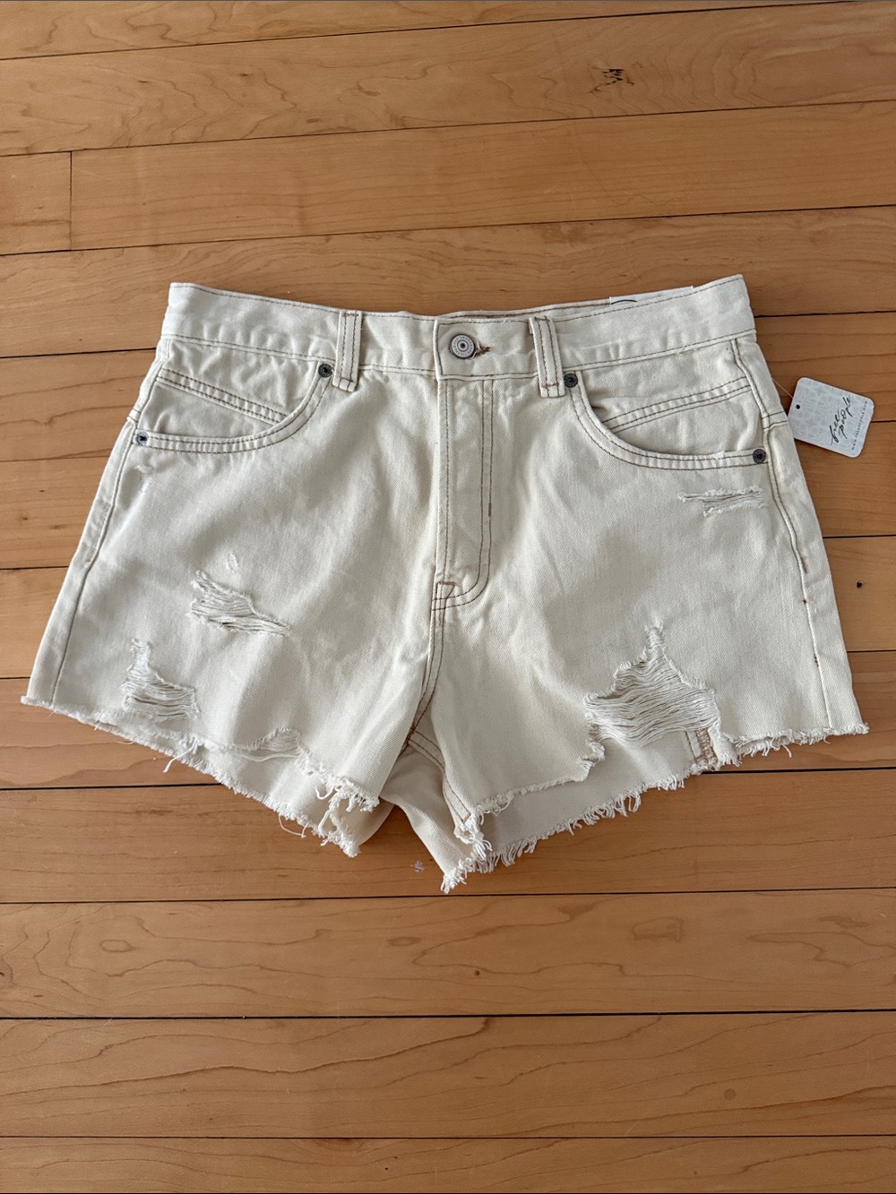 NWT Free People Now or Never Distressed High-Rise Denim Shorts Ecru 28